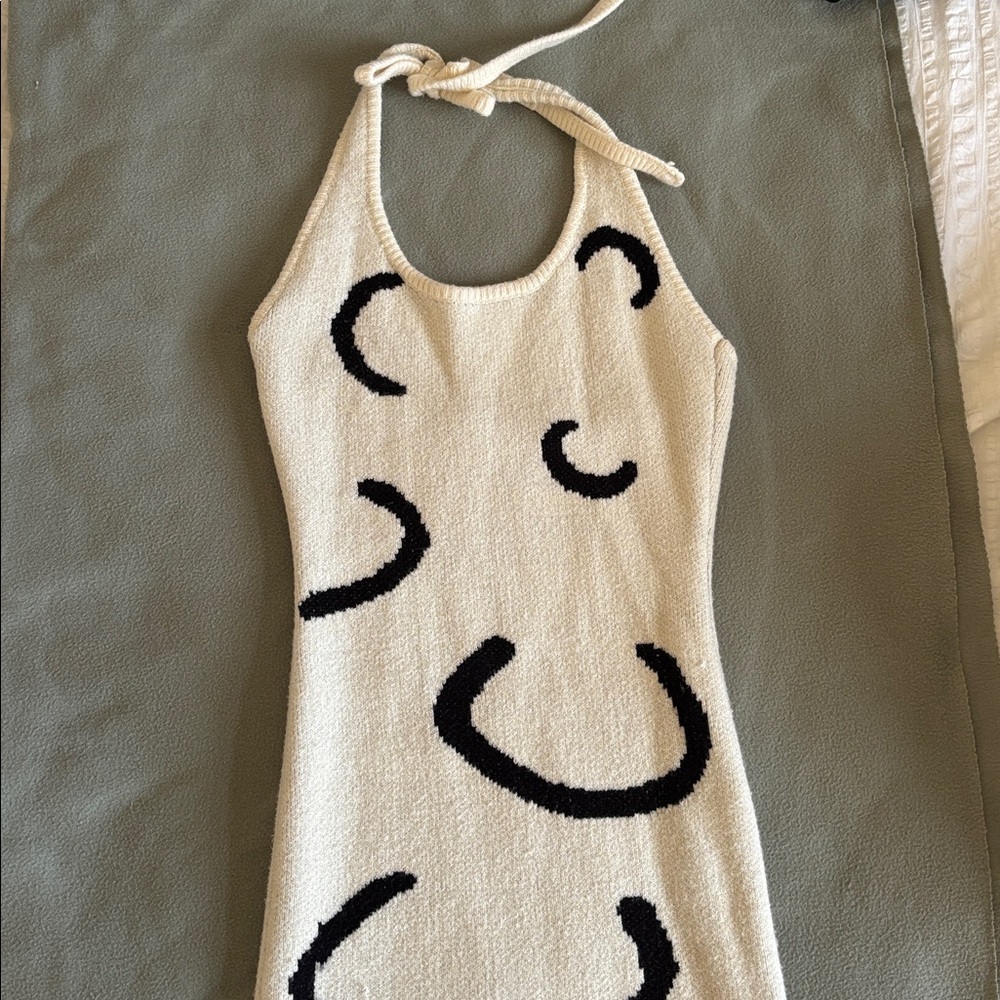 House of Sunny Cream Knit Halter Mini Dress with Black Abstract Pattern